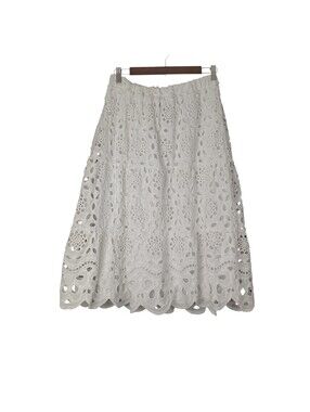 LIV Los Angeles White Eyelet Lace Midi Skirt Tiered Smocked Boho Summer Size M